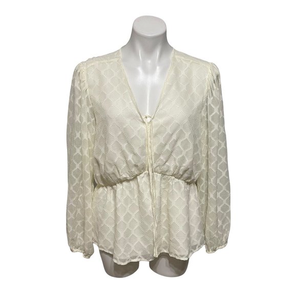 Elizabeth and James Cream V Neck Front Tie Long Sleeve Peplum Blouse - Picture 2 of 7